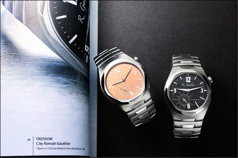 C by Romain Gauthier Titanium Edition Bracelet鮭魚面鈦金款腕錶，鍊帶版，1,780,000元（圖左）；黑鈦面鈦金款腕錶，鍊帶版，1,780,000元（圖右）。