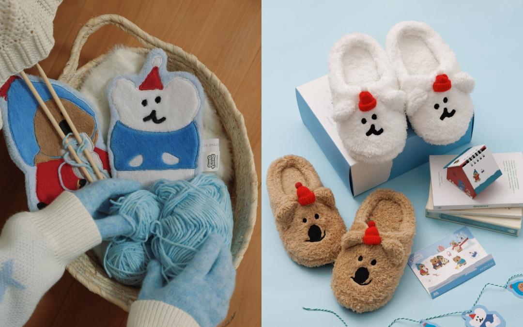 （左）絨毛刺繡包，售價NT$690元。（右）單筆消費滿新台幣3,800元，即贈市值NT$990元DINOTAENG造型絨毛拖鞋乙雙。