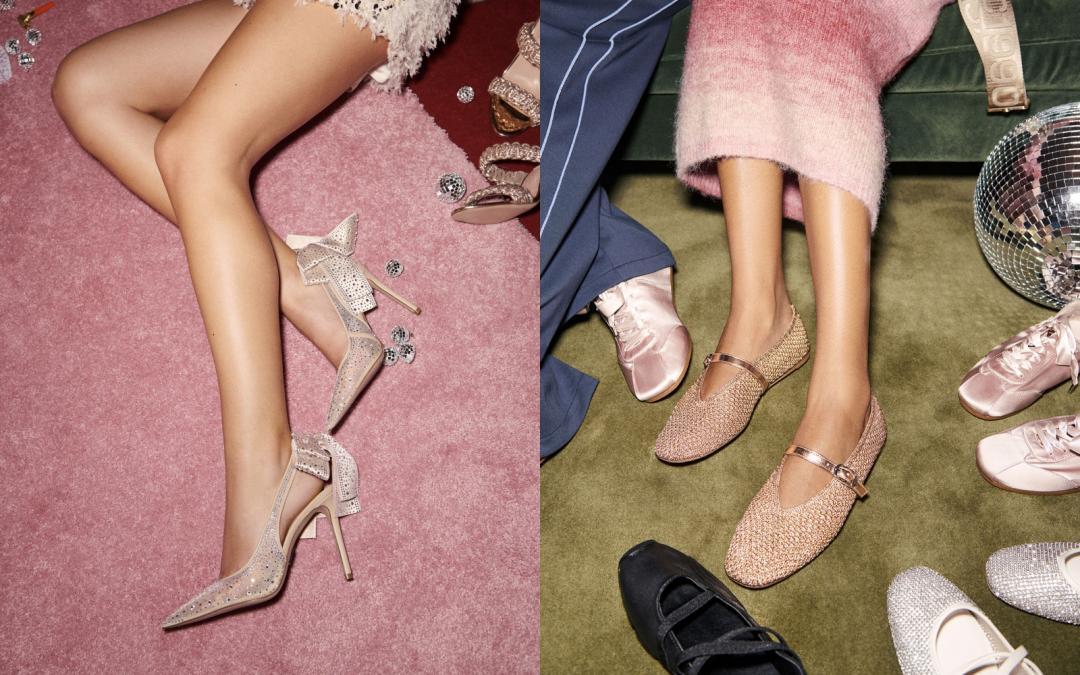 （左起）TEACUP大蝴蝶結緞面裸跟鞋（NT$2,952）、Marcela方頭鑽面透膚瑪莉珍鞋（NT$2,682）。