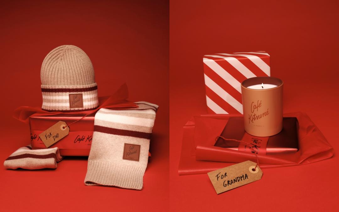 Café Kitsuné （左起）米紅色條紋毛帽（NT$3,300）與羊毛圍巾（NT$5,300）及羊毛被毯（NT$7,900）；沉香味節日蠟燭（NT$2,300）。