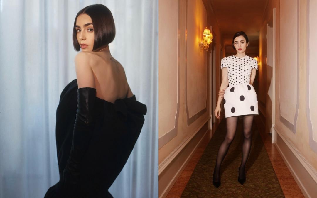 （左）莉莉柯林斯穿著BALENCIAGA（巴黎世家）露背禮服。（右）選穿PATOU黑白波卡圓點洋裝描繪復古風格。