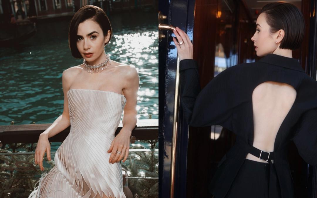 （左）莉莉柯林斯著Schiaparelli抓縐洋裝展現高雅氛圍。（右）另一套浪凡（LAVIN）大衣造型，挖背設計製造意外驚喜。