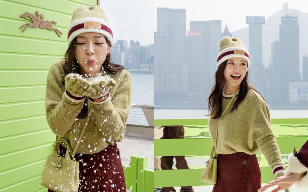 金世正穿著LONGCHAMP「Cocooning on Ice」系列，以開心果綠色的甜美造型現身。