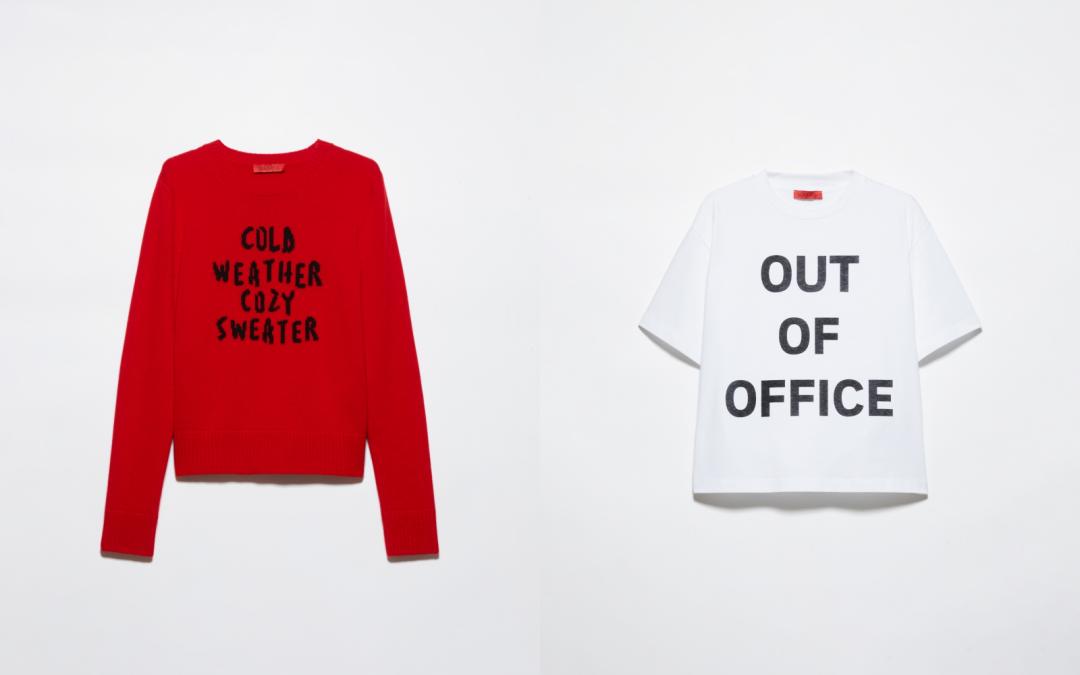 （左起）小圓領針織衫（NT$15,300）、白色字母標語箱型短版T-Shirt（NT$5,900）。