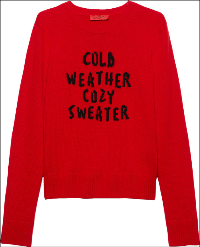 寫有幽默字句的紅色小圓領針織衫，為佳節增添歡笑話題，15,300元。