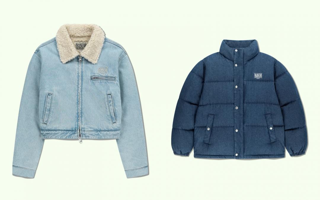（左起）女款短版羔羊絨丹寧夾克（NT$6,990）、高允貞廣告款女版經典LOGO牛仔羽絨外套（NT$7,490）。