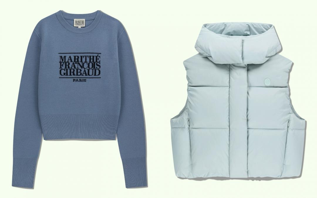 （左起）女款經典LOGO短版針織上衣（NT$4,290）、女版圓形標誌短連帽羽絨背心（NT$5,990）。