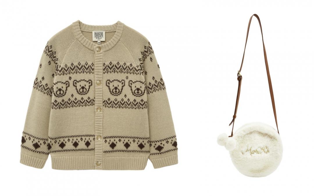 （左起）童款圖案針織開襟衫（NT$4,390）、童款絨毛斜背包（NT$1,990）。