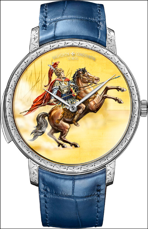 Les Cabinotiers閣樓工匠三問報時腕錶Alexander the Great，亞歷山大大帝熱衷於開疆闢土，錶盤局部呈現柔和的虛化效果，突顯亞歷山大大帝駕馭戰馬、馳騁沙場的颯爽英姿。