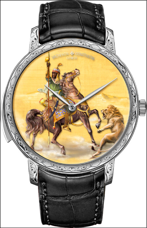 Les Cabinotiers閣樓工匠三問報時腕錶Antar，安塔拉是前伊斯蘭時期阿拉伯最負盛名的騎士詩人，錶盤生動描繪他馭馬迎戰雄獅的場景。
