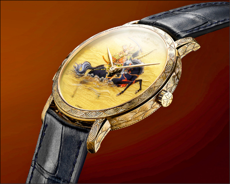 Les Cabinotiers閣樓工匠三問報時腕錶Sasaki Moritsuna，佐佐木盛綱是日本中世紀武將，錶盤描繪他策馬踏浪，海水波紋、武士刀、服裝和頭盔鉅細靡遺。