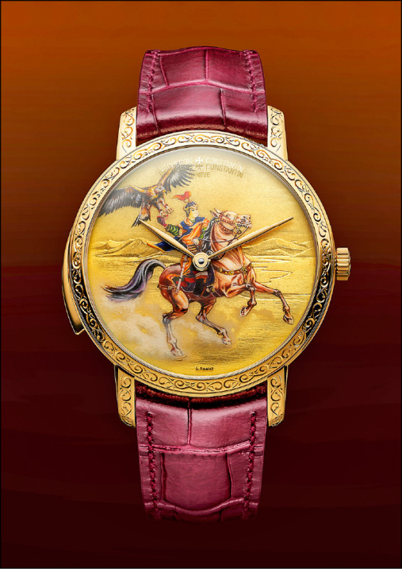 江詩丹頓Les Cabinotiers閣樓工匠三問報時腕錶Genghis Khan，錶盤以手工雕刻工藝勾勒遼闊的蒙古草原，成吉思汗騎馬英姿、背景的蒼鷹皆細膩無比。