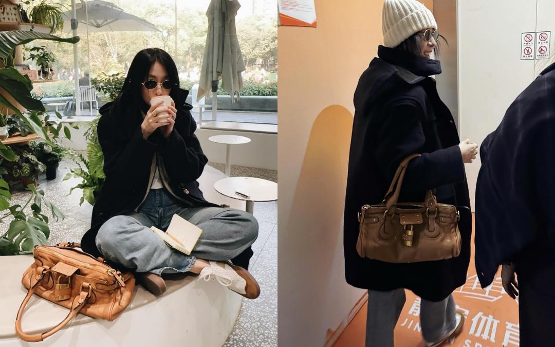 陳綺貞現身咖啡廳，身著深色造型搭配Chloé Kick棕色球鞋與鎖頭包，展現低調復古時髦風。