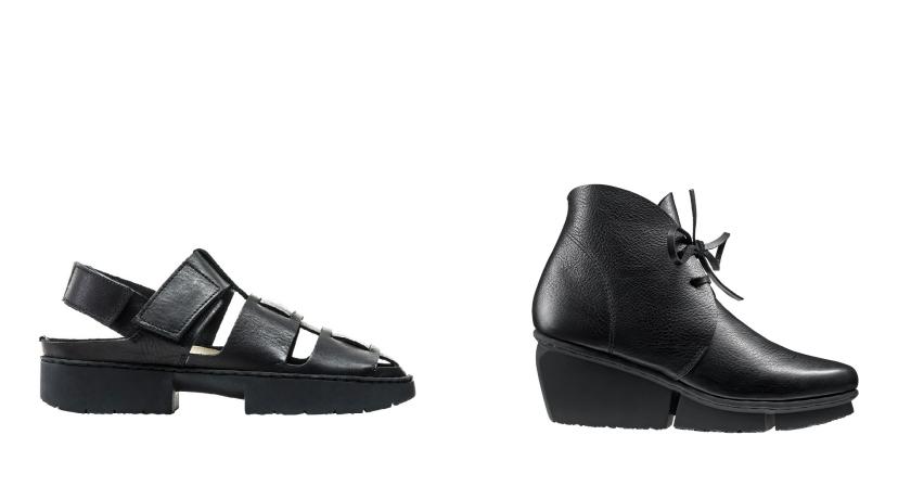 （左起）Trippen Arcade男款個性涼鞋，原價NT$12,600元，3折特價NT$3,780元；Trippen Facile女款楔形鞋，原價NT$13,400元，3折特價NT$4,020元。