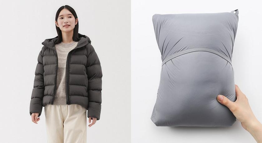 MUJI男女輕量羽絨可攜式連帽外套，可收納於內側口袋，方便攜帶，2,990-3,590元。(MUJI提供，以下同)