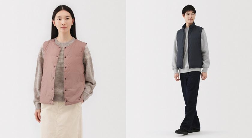 女裝輕量羽絨可攜式無領背心，1,190元；男裝輕量羽絨可攜式立領背心，1,390元。
