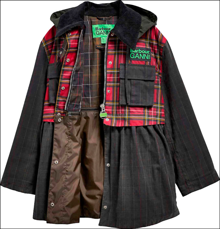 格紋Peplum油布外套是全新聯名系列首度推出的二合一外套，可透過拉鍊細節調整為短版輪廓，隨天氣或場合靈活改變穿著方式，24,000元。