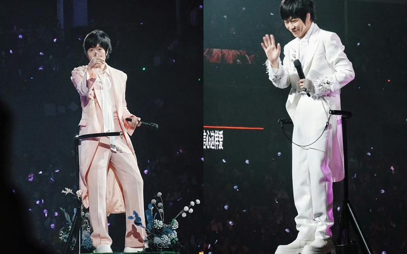 阿信一下身穿白馬王子造型、又大膽披上粉紅西裝展現百變造型。（翻攝自weibo）