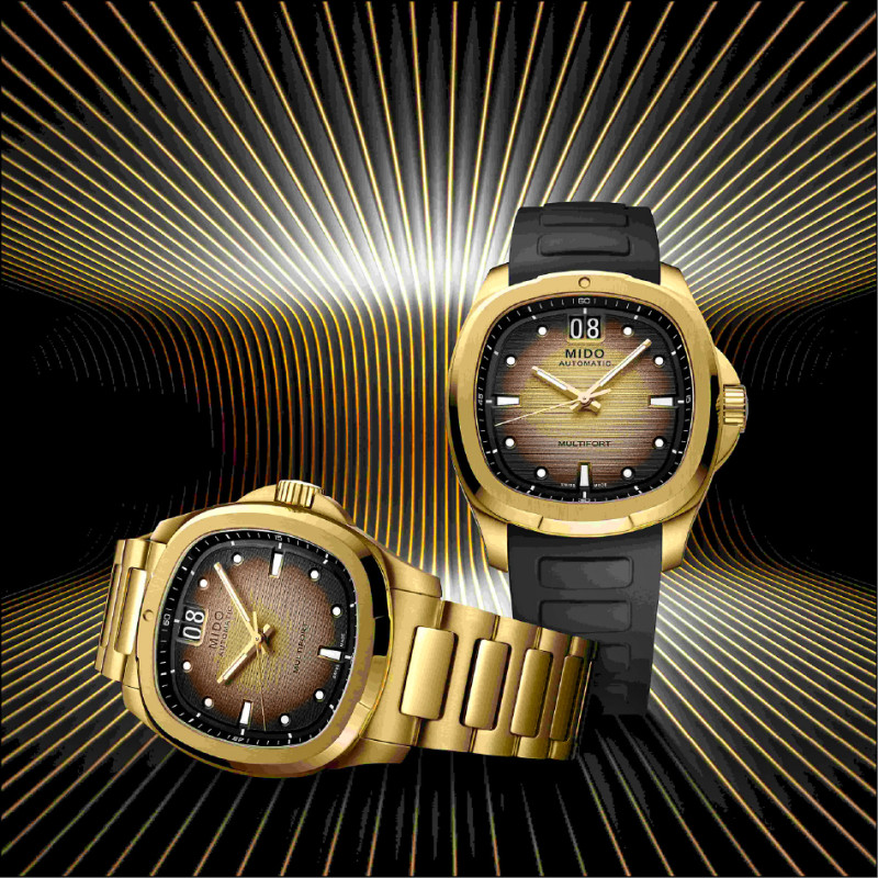 MIDO Multifort TV Big Date全新推出黑金配色，隨錶附贈黑色橡膠紋理錶帶，透過快拆錶耳方便隨時切換風格，46,300元。