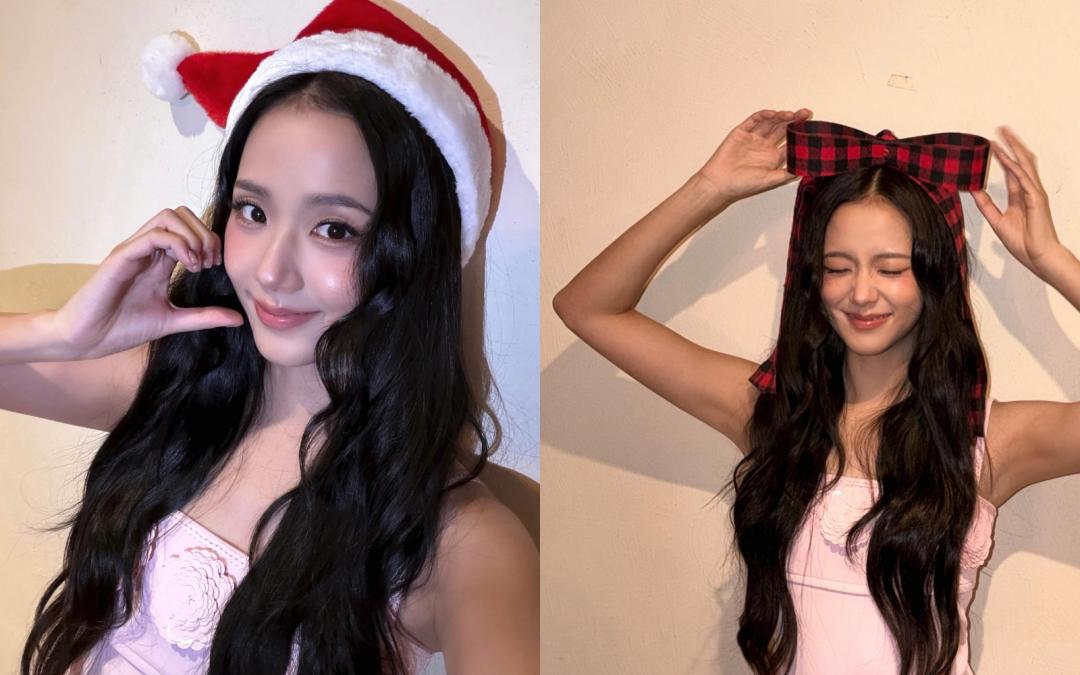 卸下耶誕帽後，Jisoo在頭上綁上大大蝴蝶結，俏皮化身移動大禮。