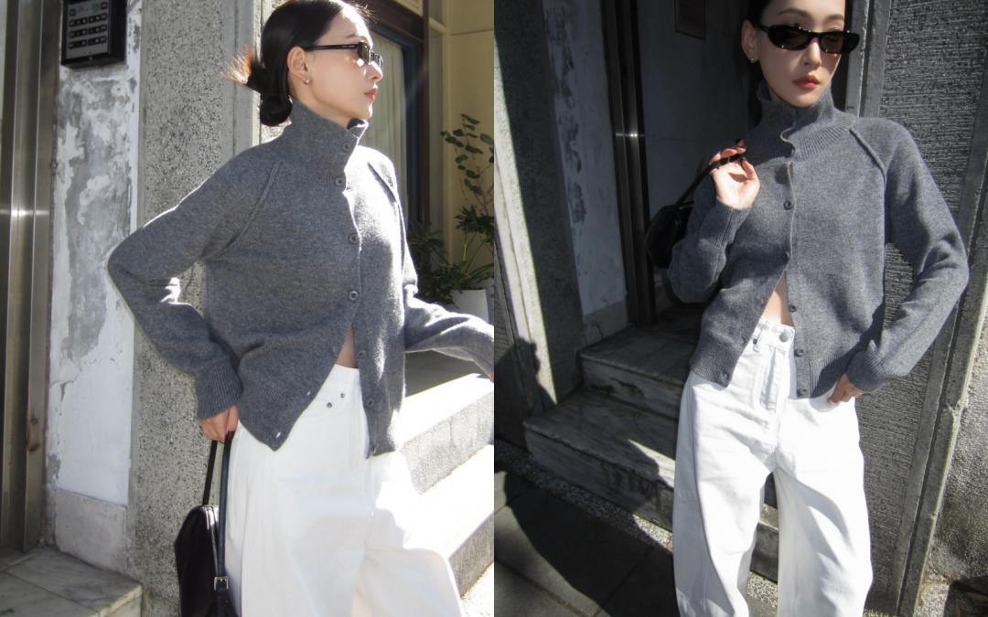 林映唯選穿灰色高領開襟衫搭配白色寬褲，展現充滿鬆弛魅力的隨興風格。