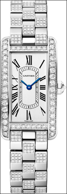 Tank Américaine腕錶以方形錶殼成為經典。白K金錶殼和鍊帶鑲嵌鑽石，1,680,000元。