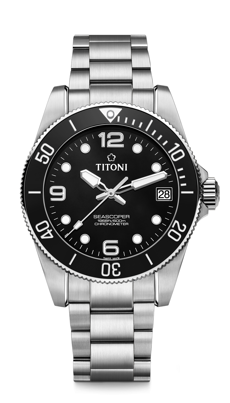 深海系列601款潛水錶，經典黝黑。（TITONI提供）