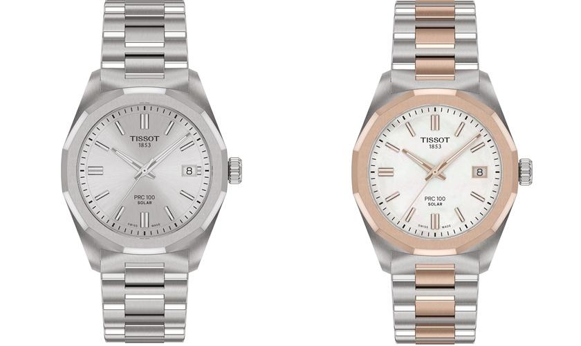 (左)PRC100 Solar太陽能腕錶首度推出34毫米極致銀15,500元、PVD玫瑰金與精鋼珍珠母貝面盤17,500元。