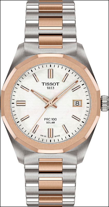 PRC 100 Solar全系列配備快拆錶帶設計，可依場合隨時轉換風格。PVD玫瑰金與精鋼珍珠母貝錶盤，17,500元。