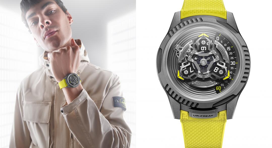 結合Ulysse Nardin、URWERK雙品牌的前衛風格，聯名創造出充滿個性感的UR-FREAK奇想星輪腕錶，全球限量100只，價格店洽。
