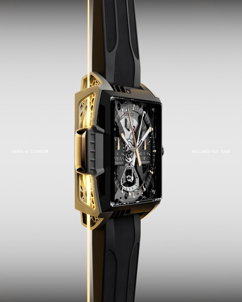錶殼外型視覺上呈現有如中空的效果，設計概念以速度和氣流為核心，猶如從風洞中孕育而生。