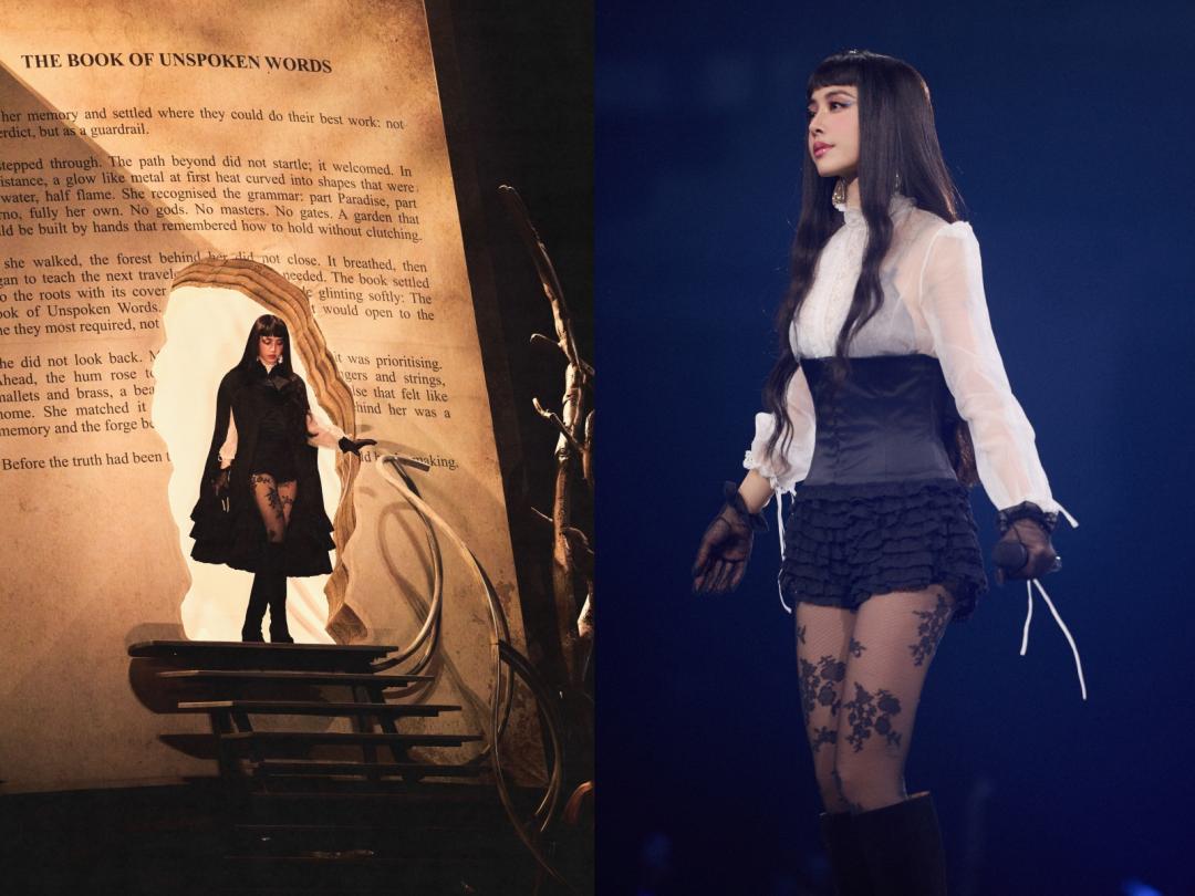 卸下斗篷後，內裡以白色襯衫搭配寬版半馬甲式腰封與荷葉邊短裙，怪美的效果，再次抓住全場視線焦點。