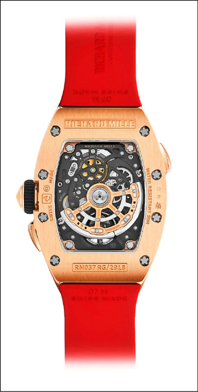 鏤空結構加上透視後底蓋，RM 037背面可全方位欣賞機芯運作。