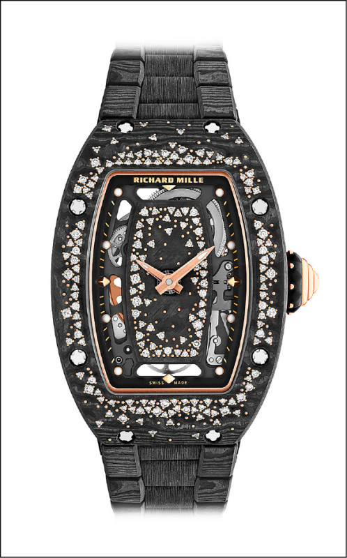 RM 07-01 Starry Night腕錶，鑽石的紅金鑲爪嵌入Carbon TPT®碳纖維錶殼上，猶如繁星點點。