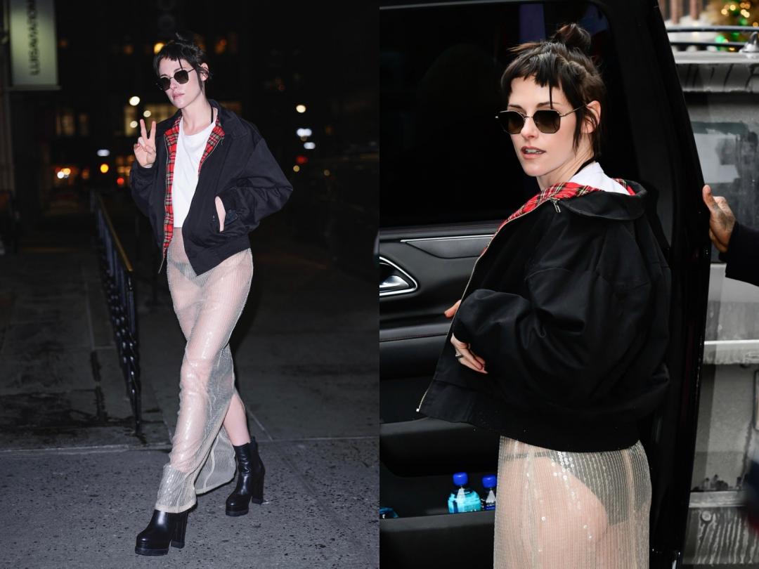 克莉絲汀史都華下身近乎透明，上身以飛行外套與狗啃劉海包頭營造隨興感。