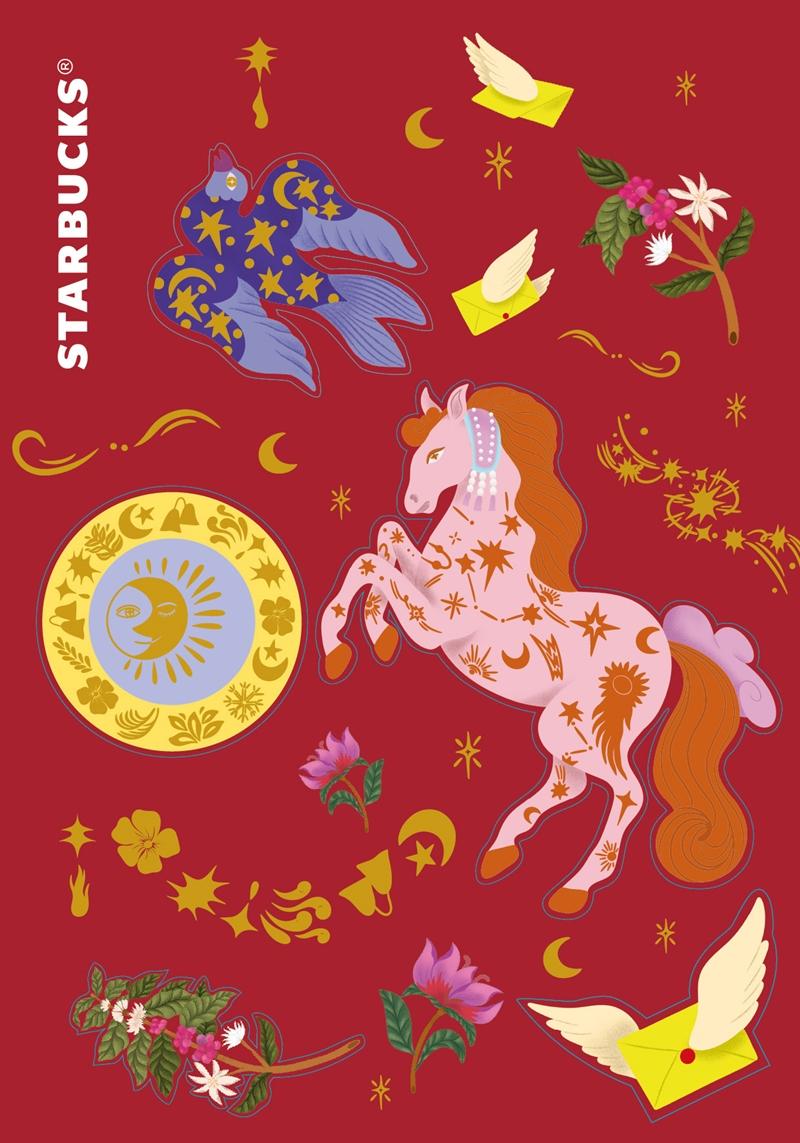 本次特別邀請藝術家Eszter Chen(陳純虹)攜手打造全新春節禮盒視覺，她以擅長的超現實奇想美學，將新年祝福化作一匹閃耀星光的「星河之馬」，伴隨著象徵日夜節氣的輪盤，持續行走在時間之上。（星巴克提供）