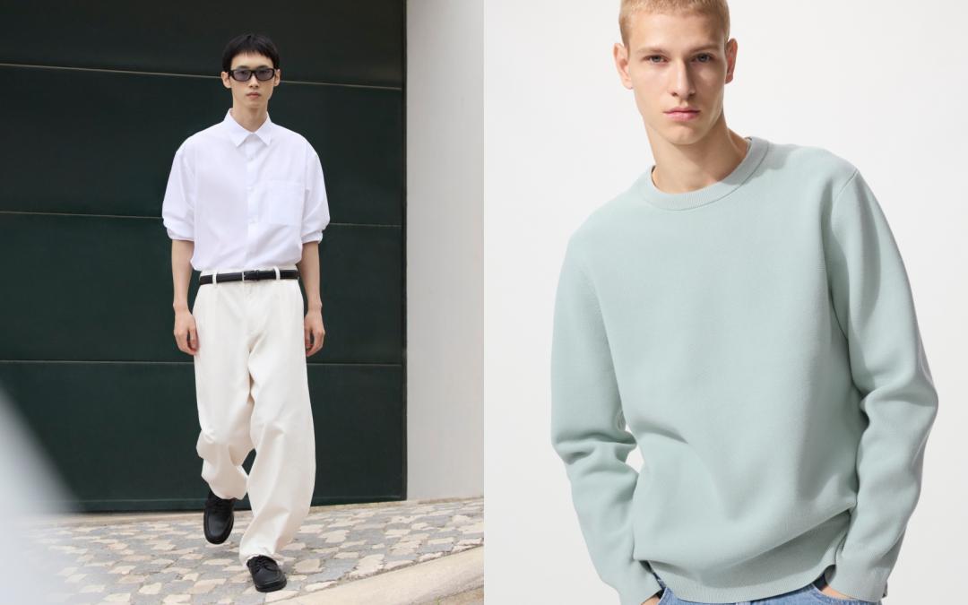 （左起）中性設計男裝男女適穿​繭型褲（NT$1,290）、中性設計男裝可機洗米蘭羅紋圓領針織衫（NT$990）。