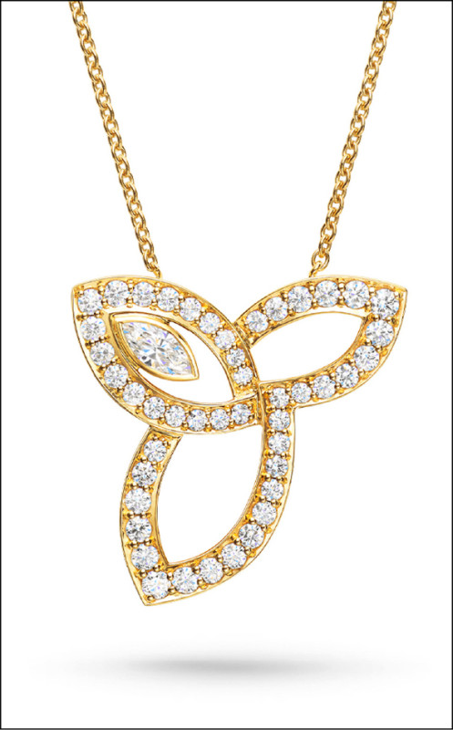 以馬眼形和圓形明亮式切割鑽石排列的Lily Cluster系列，層層交織出立體花瓣輪廓。18K黃金鑽石墜鍊，約320,000元。