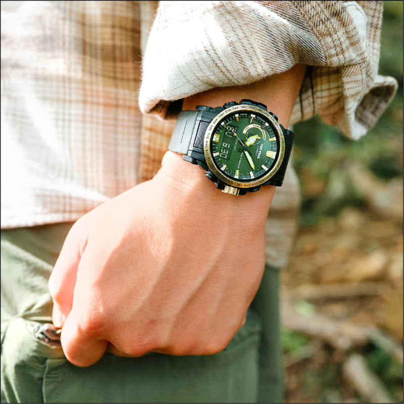 腕錶藉由環保材質及配色強調守護大自然的理念。PRW-61ANS-3錶款，14,500元。