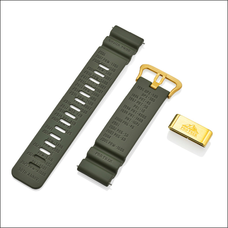 錶帶透過熱壓方式詳細記錄PRO TREK 30年來的錶款型號。
