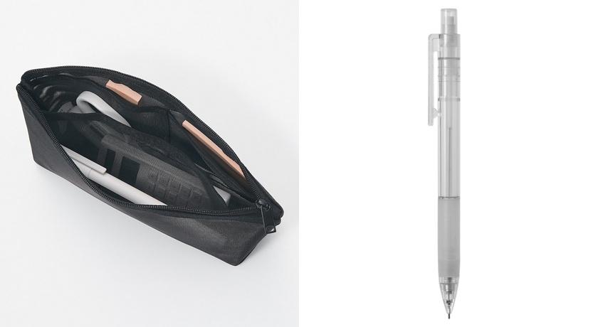 尼龍網眼筆袋(船型，黑)，139元；透明管自動筆(0.5mm)，30元。