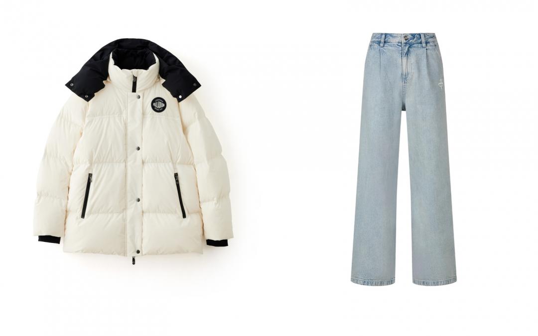 鬼鬼廣告款，（左起）潮流羽絨連帽外套（NT$7,590）、牛仔長褲（NT$3,190）。