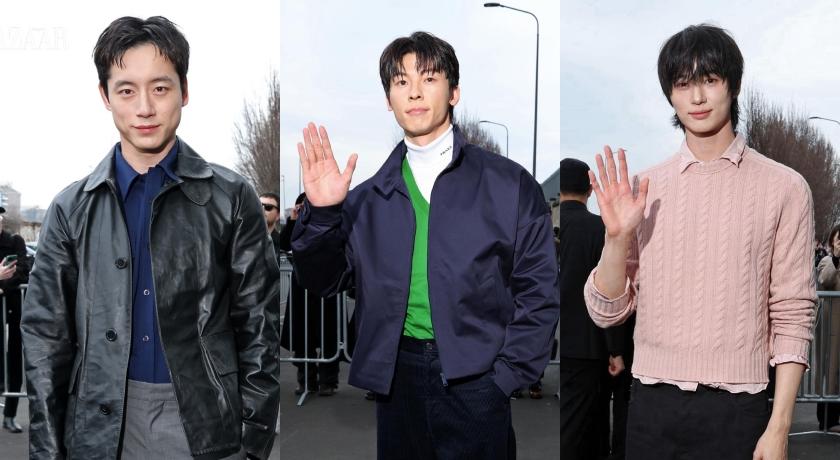 （左起）坂口健太郎、許光漢、邊佑錫齊聚米蘭挺PRADA男裝秀。