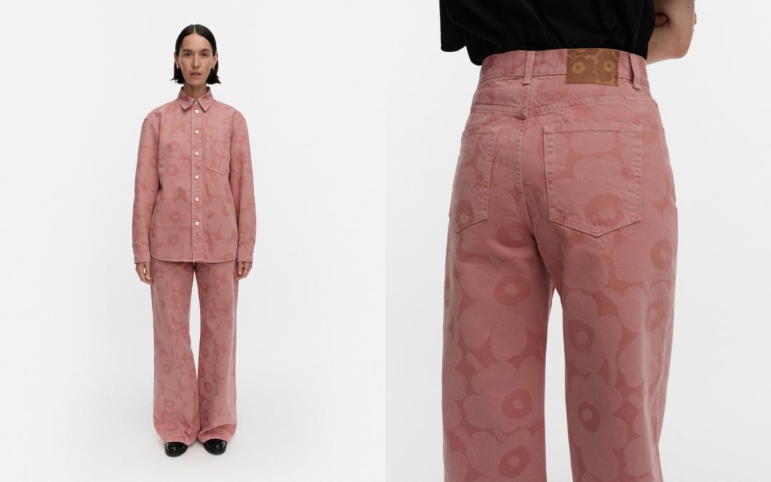 淡粉色Unikko遊霓可印花襯衫（NT$14,900）、Wide寬管褲（NT$12,900）。