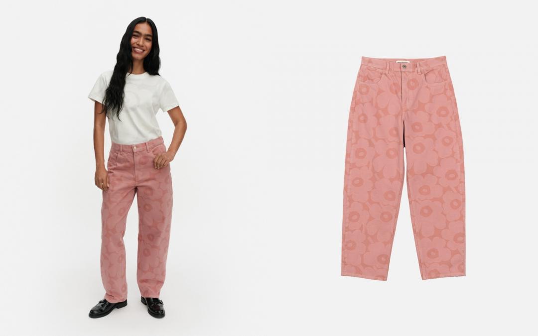 淡粉色Unikko遊霓可印花Barrel錐形褲，售價NT$12,900元。