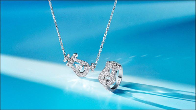 中性風格的FRED Force 10 FRED Hero Cut鍊條項鍊與印章風格戒指，主要材質：白金、鑽石。