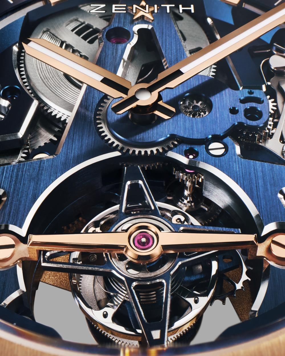 藍色調El Primero 3630 SK鏤空陀飛輪機芯十分聚焦。（ZENITH提供）