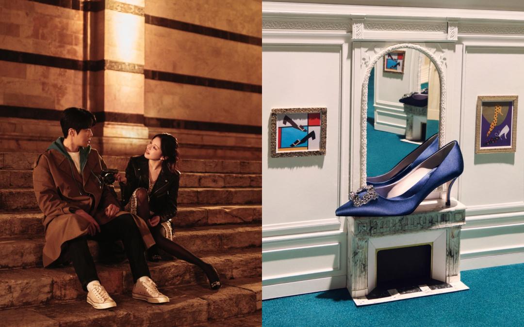 高允貞與金宣虎在義大利約會時，腳上穿的就是Roger Vivier的花鑽方釦高跟鞋。