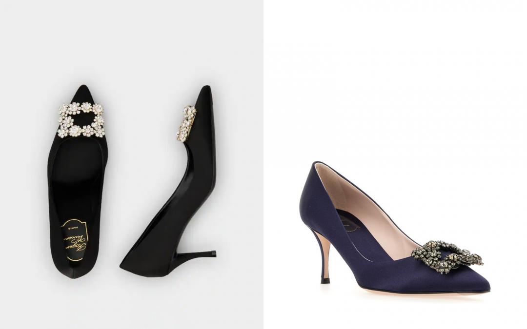 Flower Strass系列（左起）黑色緞面花鑽高跟鞋、午夜藍緞面銀灰水晶花鑽高跟鞋，售價各NT$78,200元。