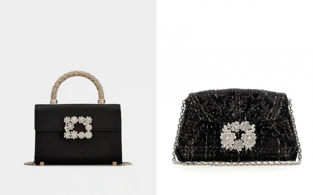 Flower Strass系列（左起）黑色緞面珠寶手拿包（NT$120,000）、RV Bouquet黑銀花呢亮片櫻花鑽釦手拿包（NT$52,900）。
